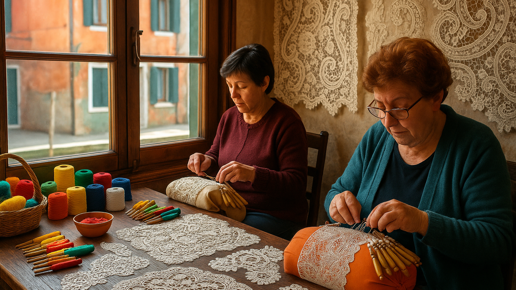 Editorial illustration of a Burano lace-making workshop, evoking the intricate craft and vibrant community spirit.