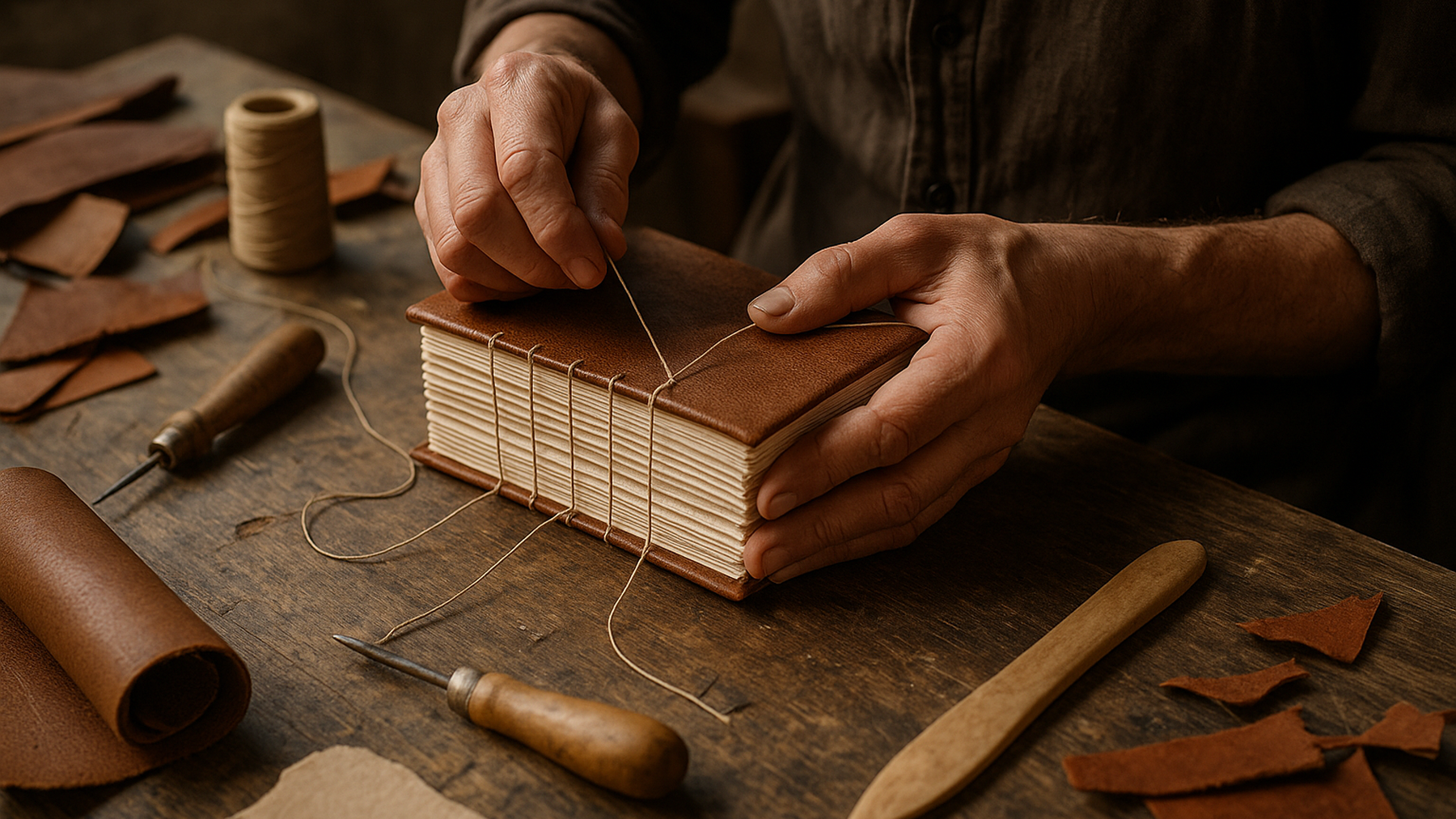 Editorial illustration of an artisan binding a book in Venice, evoking the traditional craftsmanship and rich cultural heritage of the city.