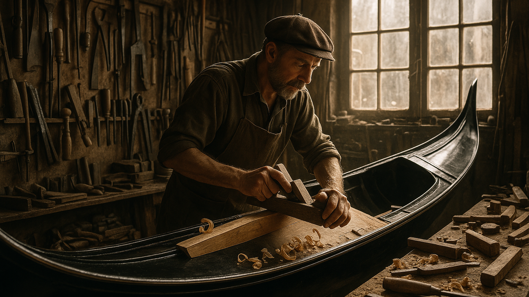 Editorial illustration of a gondola builder immersed in their craft, evoking the rich tradition of gondola making in Venice.