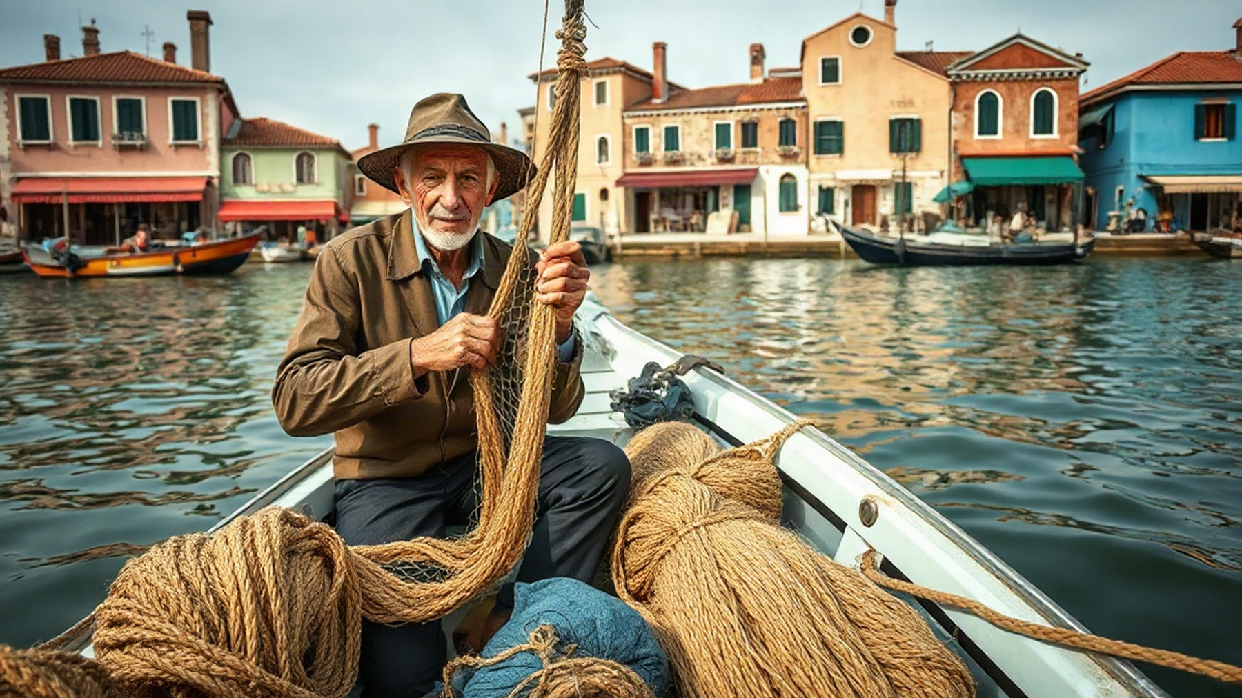 Editorial illustration of a Venetian fisherman repairing fishing nets on his boat, evoking a sense of tradition and connection to the lagoon.