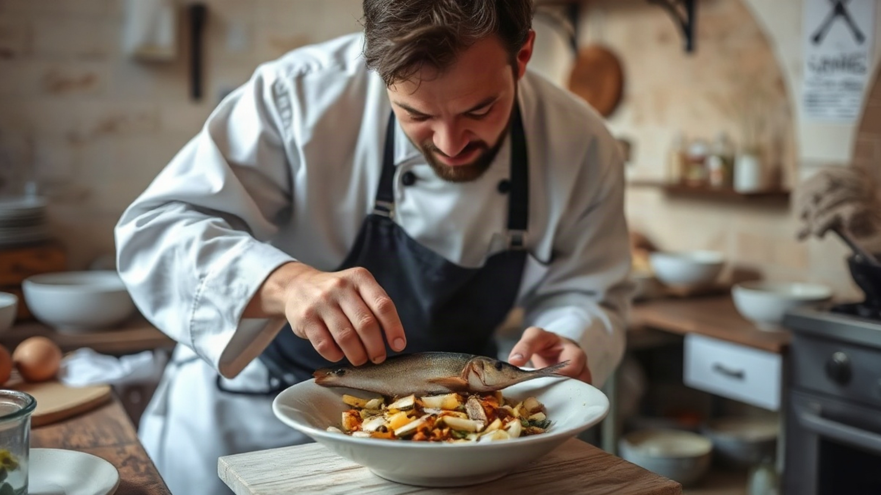 Editorial illustration of a chef preparing mackerel in a Venetian kitchen, evoking the transformation of local seafood.