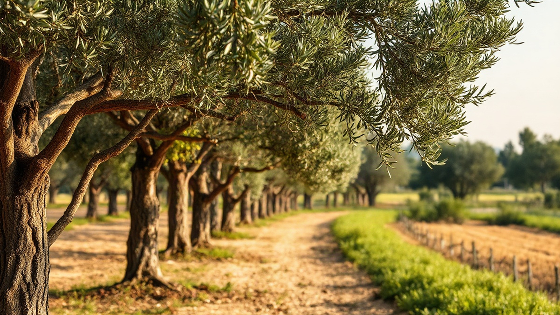 Editorial illustration of an olive grove in the Venetian Lagoon, evoking the history and sustainability of local farming practices.