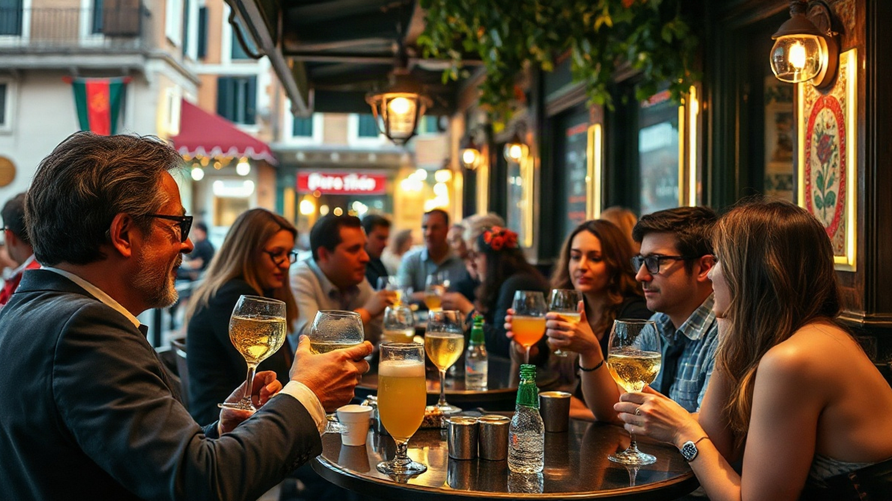 Editorial illustration of a vibrant Venetian bar scene, evoking the spirit of local culture and the joy of sharing a spritz.