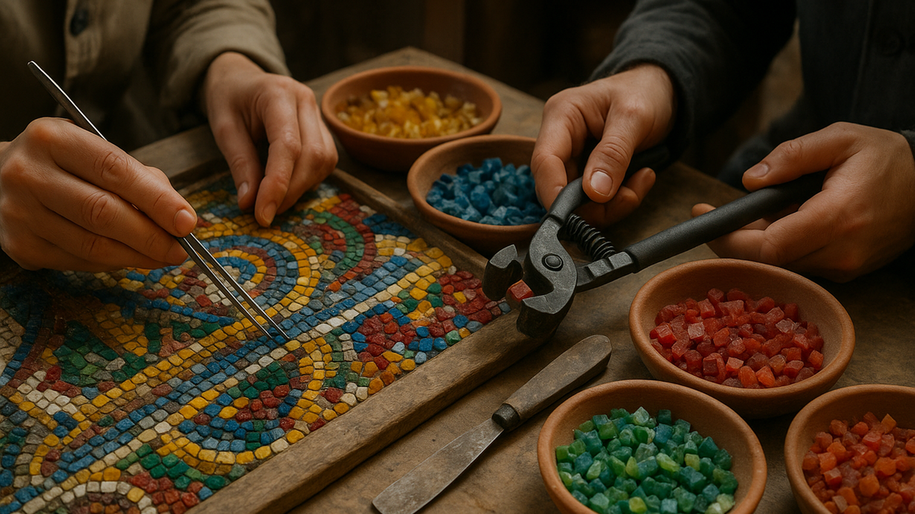 Editorial illustration of artisans restoring historical mosaics in a Venetian workshop, evoking the meticulous craft and cultural heritage of Venice.