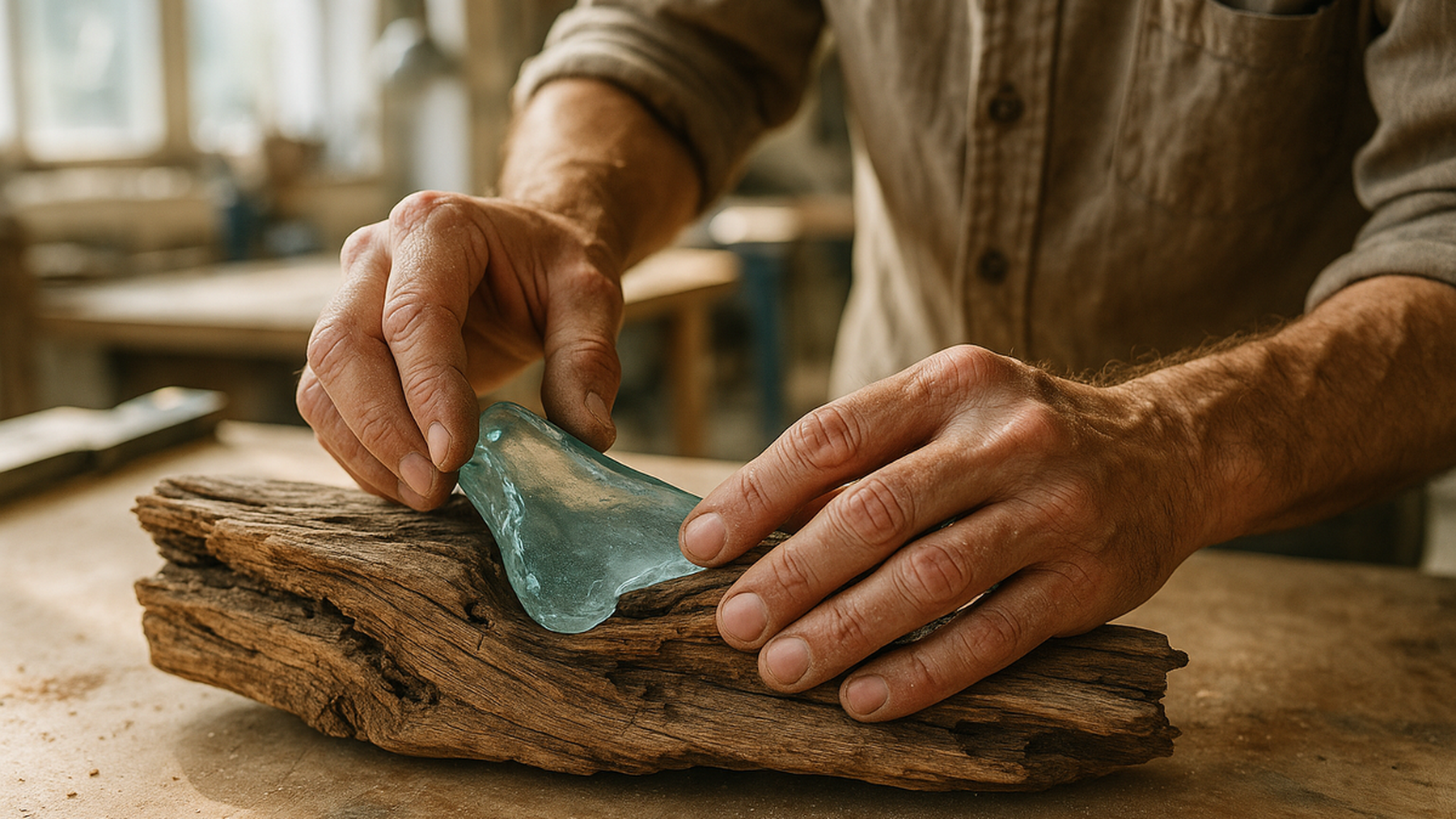 Editorial illustration of an artisan crafting with salvaged materials, evoking the spirit of Venetian creativity and sustainability.
