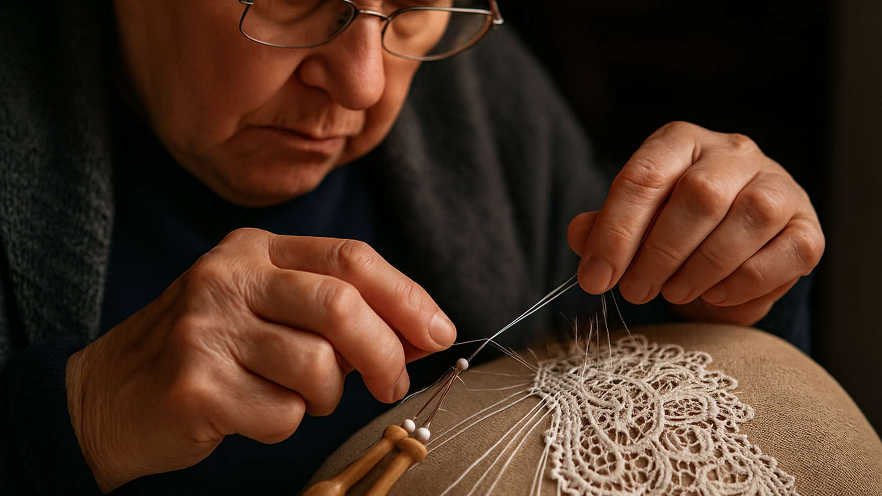 Editorial illustration of a lace-maker in Burano's workshop, evoking the intricate artistry and cultural significance of traditional lace-making.