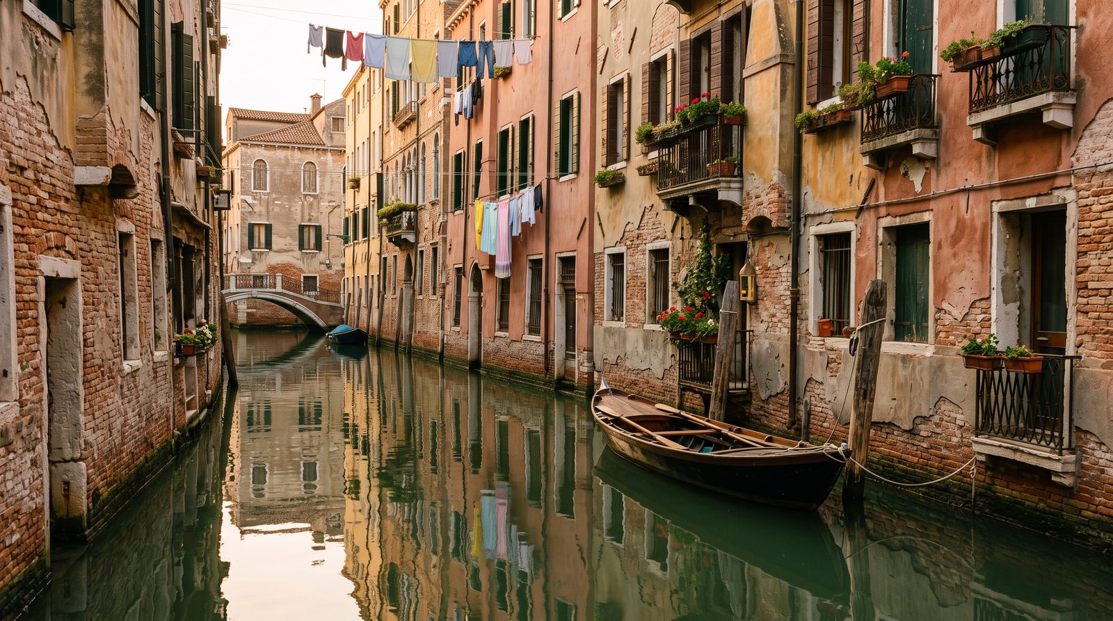 A quiet Venetian canal at golden hour with a moored wooden sandolo boat and laundry lines strung between weathered buildings