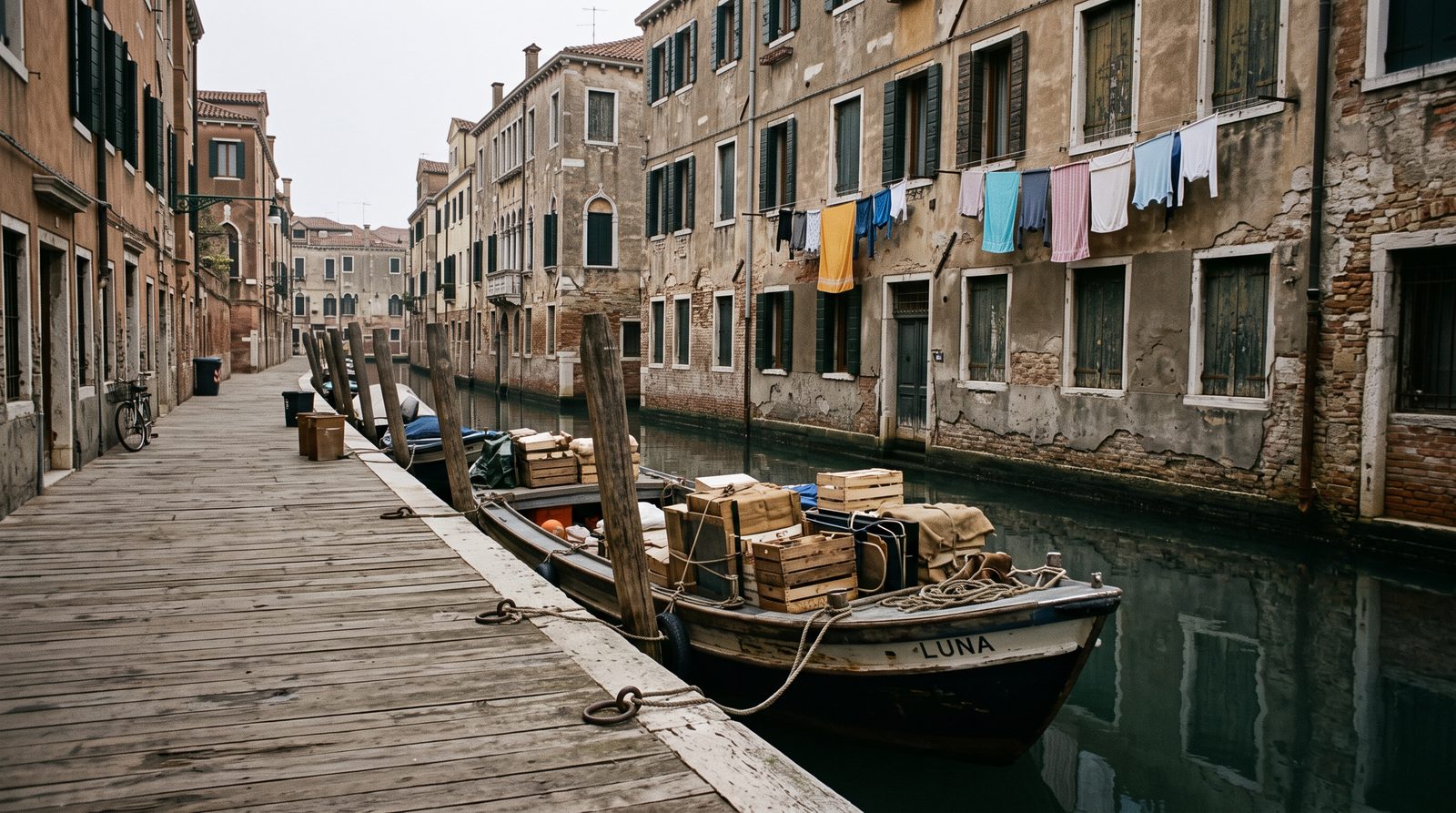 A narrow residential canal in Cannaregio with a loaded delivery boat moored at a wooden fondamenta and laundry strung between weathered buildings