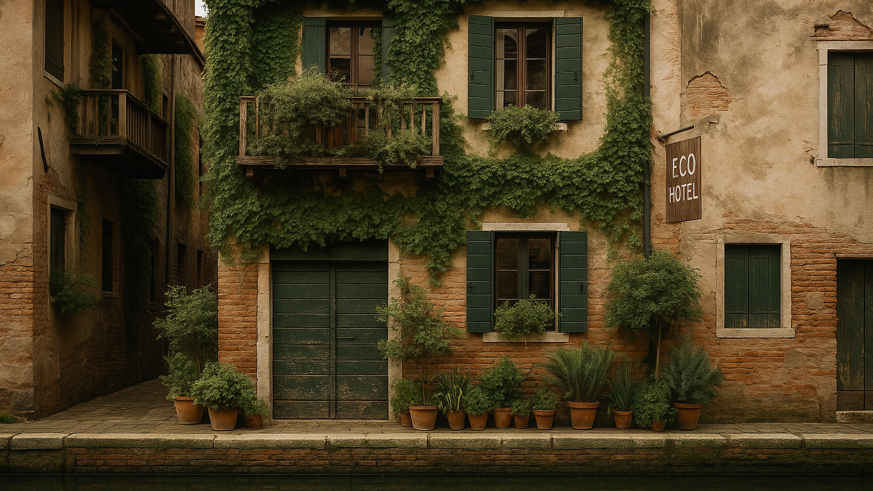 Editorial illustration of a canal-side eco-friendly hotel in Venice, highlighting sustainable practices and local culture.