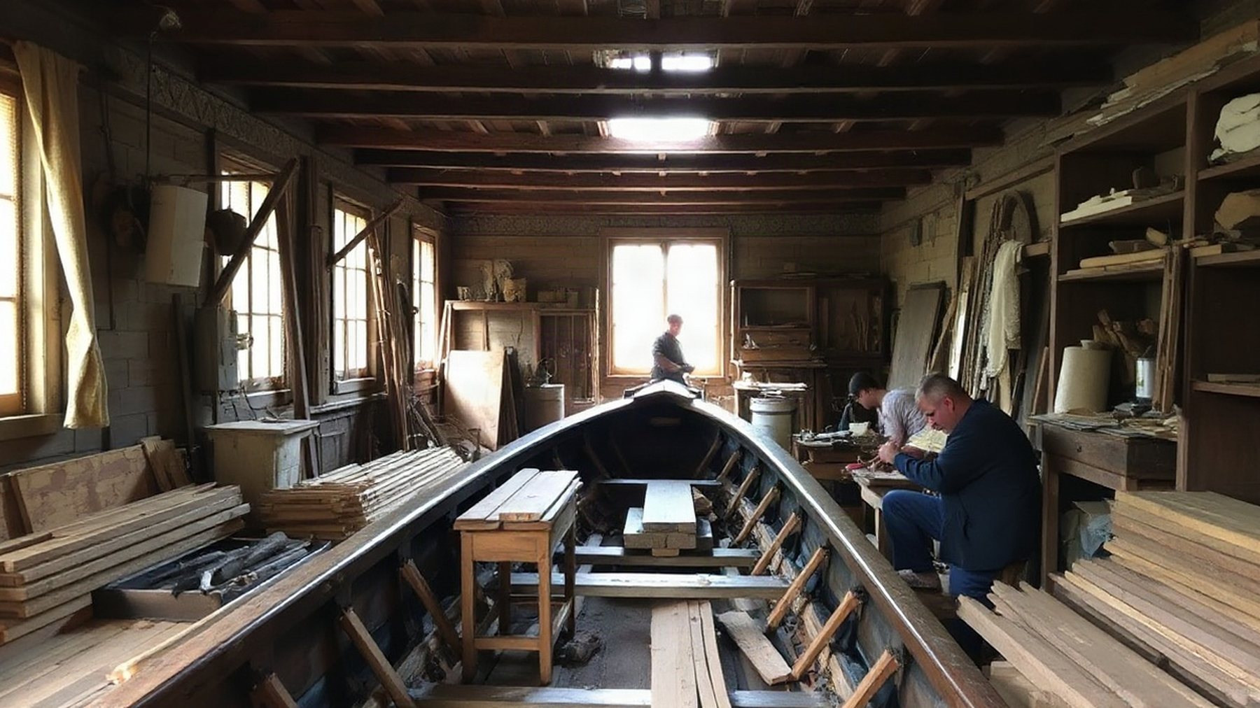 Editorial illustration of artisans crafting gondolas in a workshop, reflecting the heritage and skill involved in Venetian boat making.