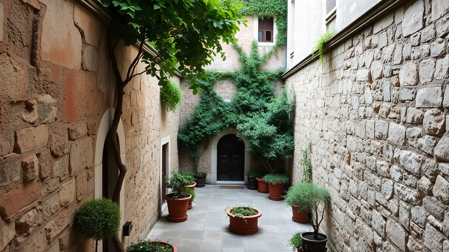 Editorial illustration of a peaceful convent courtyard in Venice, evoking tranquility and historical richness.