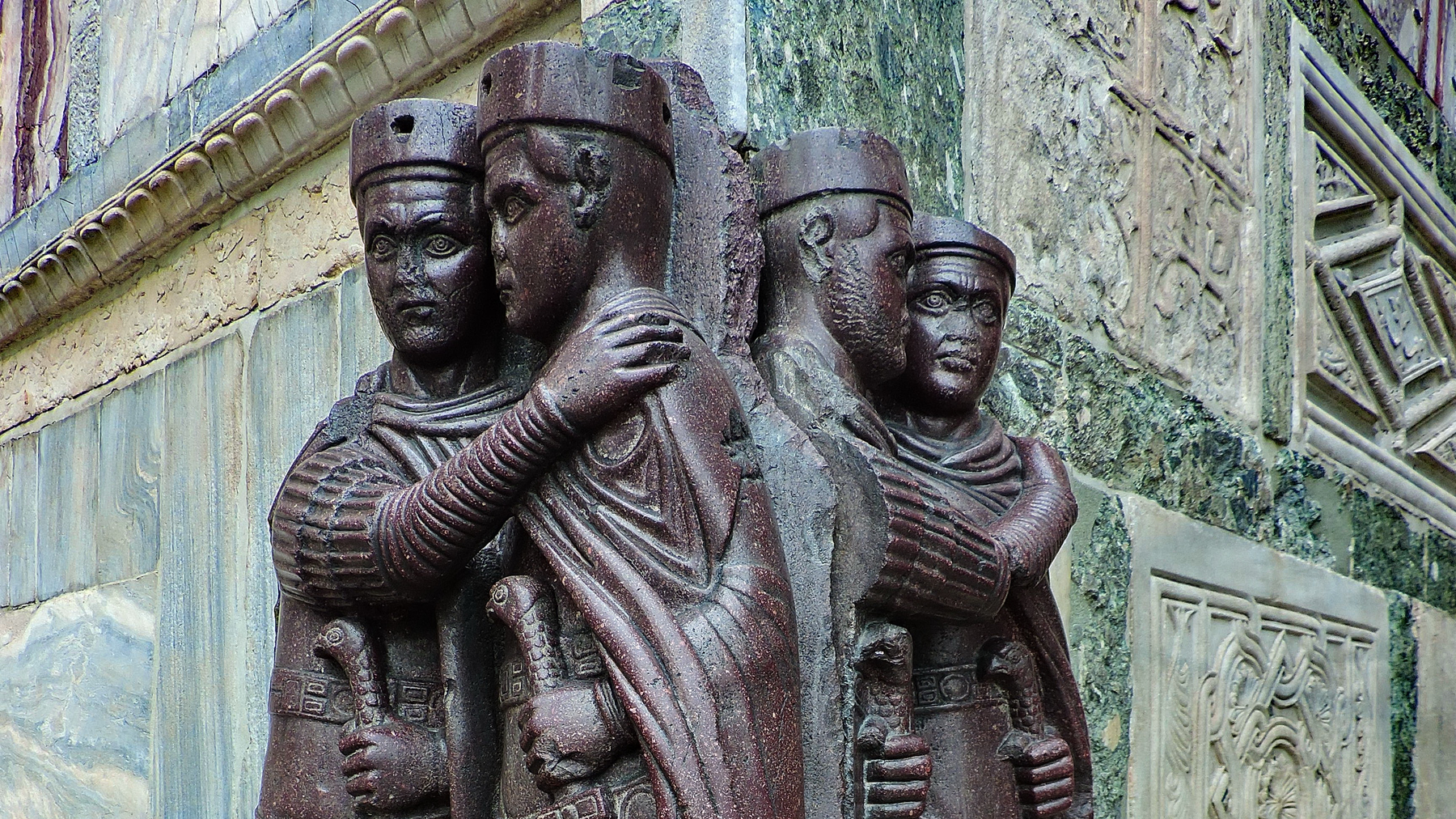 Editorial illustration of a weathered purple porphyry statue group set into a marble church corner, evoking the Four Tetrarchs at San Marco.