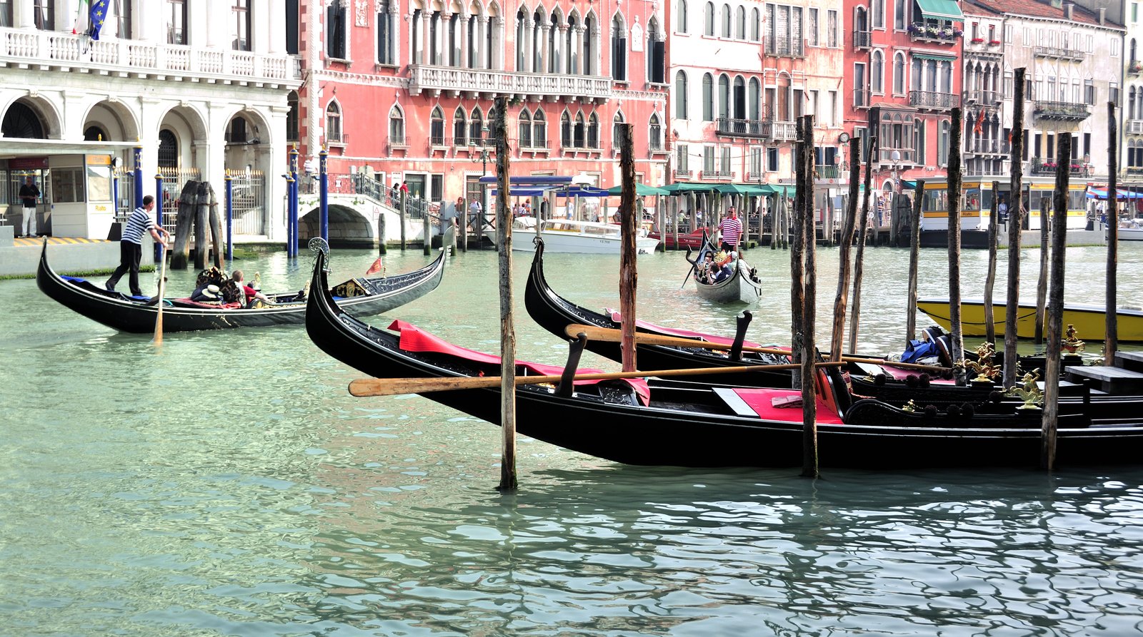 A gondolier rowing past the Rialto Bridge on the Grand Canal.