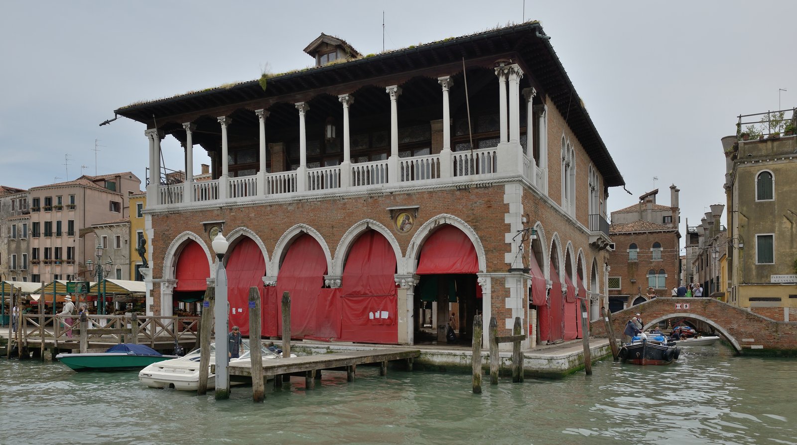 The covered fish market hall at Rialto, empty in the early morning light.