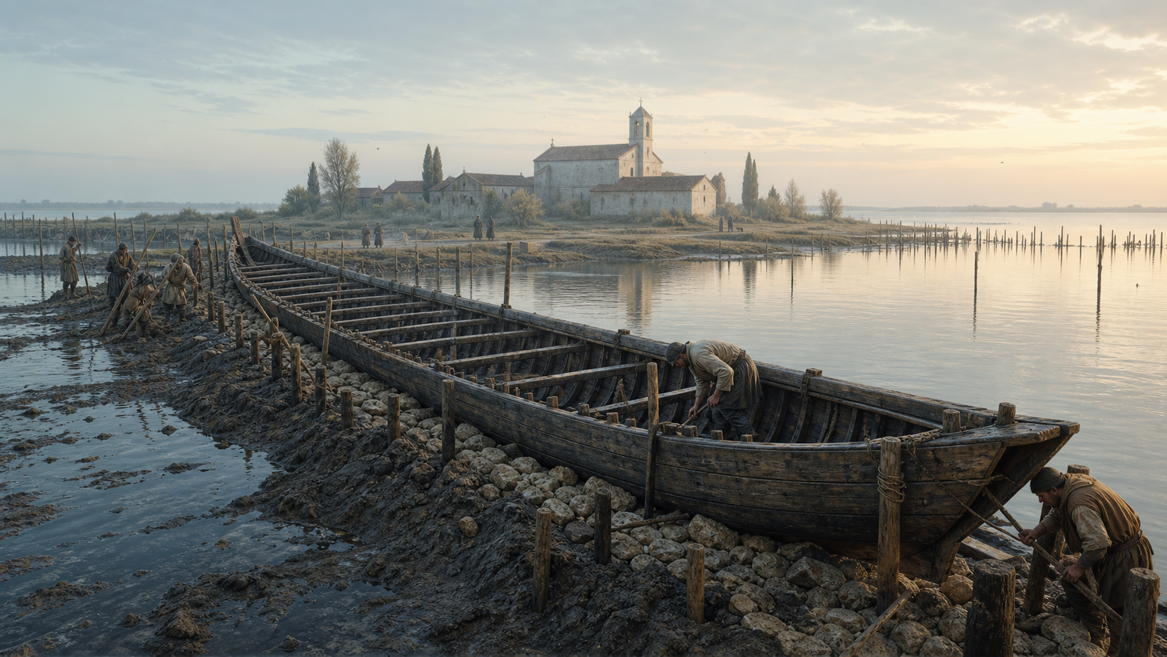 Editorial reconstruction of a medieval Venetian galley reused as a shoreline foundation in the lagoon.
