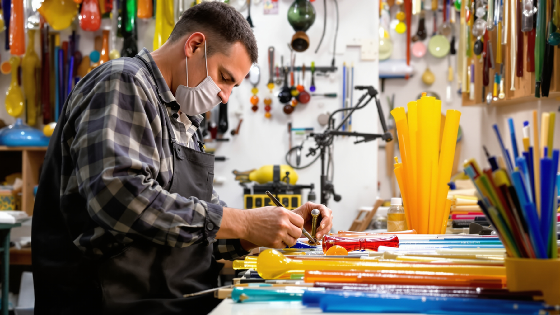 Editorial illustration of a Murano workshop, evoking the detailed craftsmanship of glassmaking.
