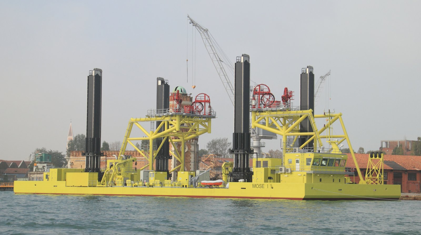 A barge belonging to the MOSE flood-barrier project moored in the lagoon.