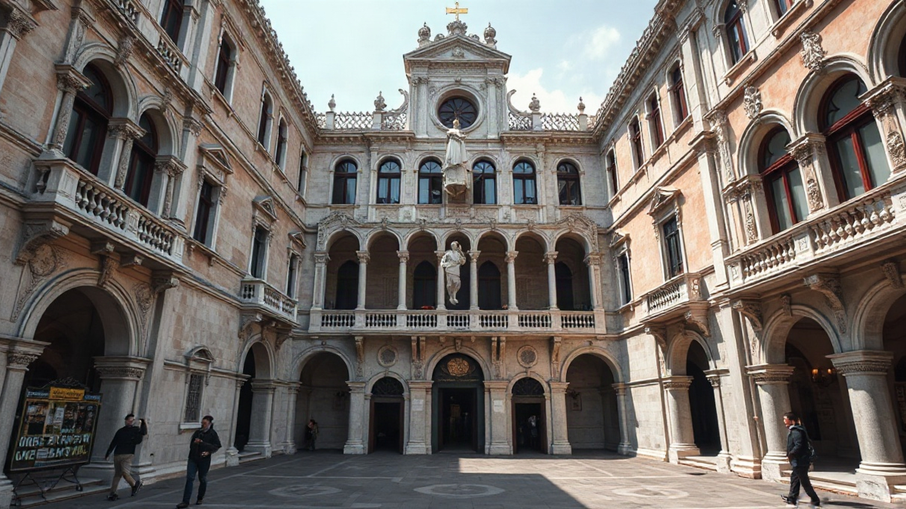 Editorial illustration of the Scuola Grande di San Rocco, highlighting its restored façade and the vibrant life of the surrounding San Polo district.