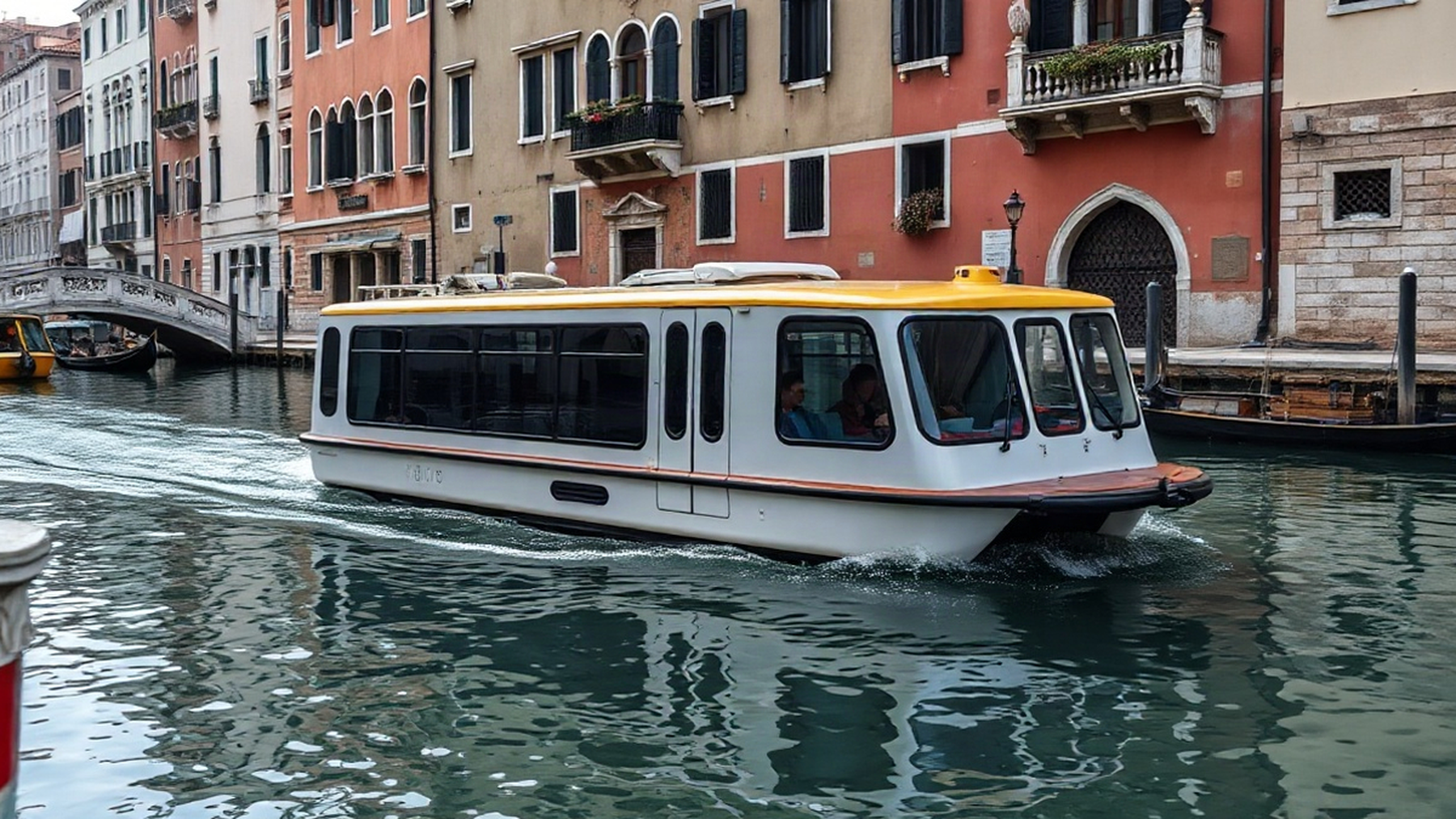 Editorial illustration of an electric waterbus in Venice, evoking the blend of technology and heritage.