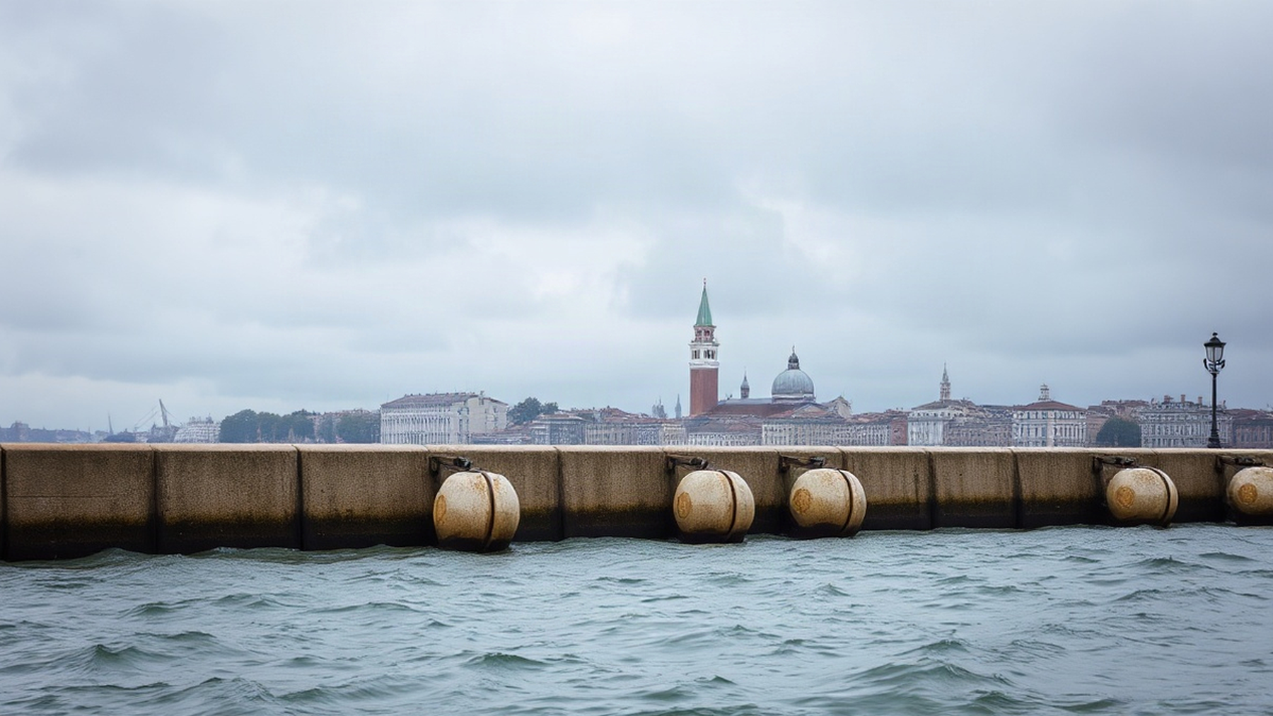 Editorial illustration of MOSE barriers raised during high tide, evoking the engineering marvel protecting Venice.