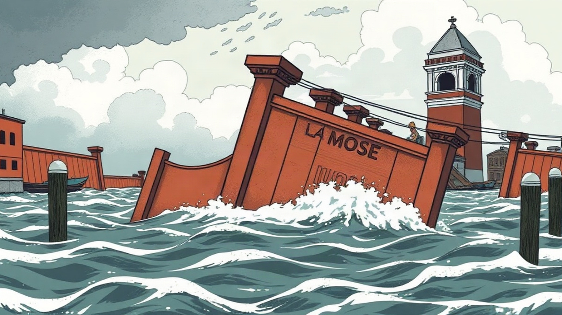 Editorial illustration of MOSE barriers lifting in Venice, evoking technological triumph against nature.