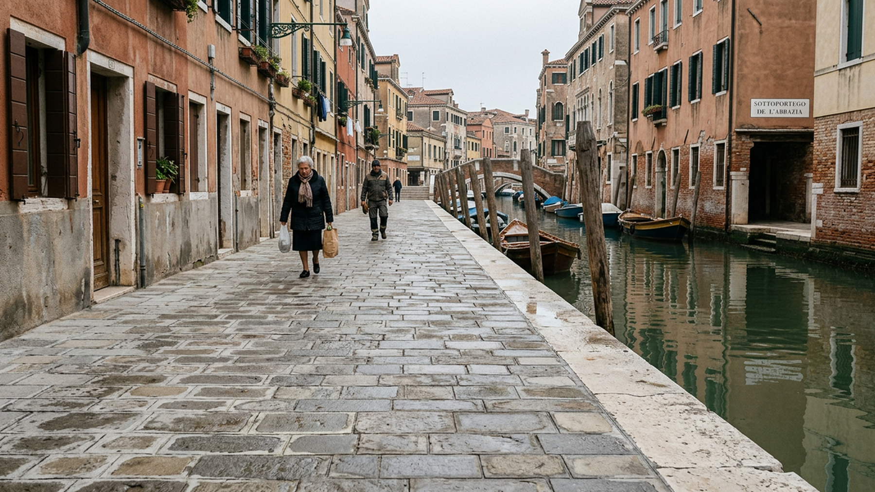 Editorial photograph of the newly renovated pavement on Fondamenta della Misericordia, showing its subtle integration into the Venetian streetscape, evoking quiet urban renewal.