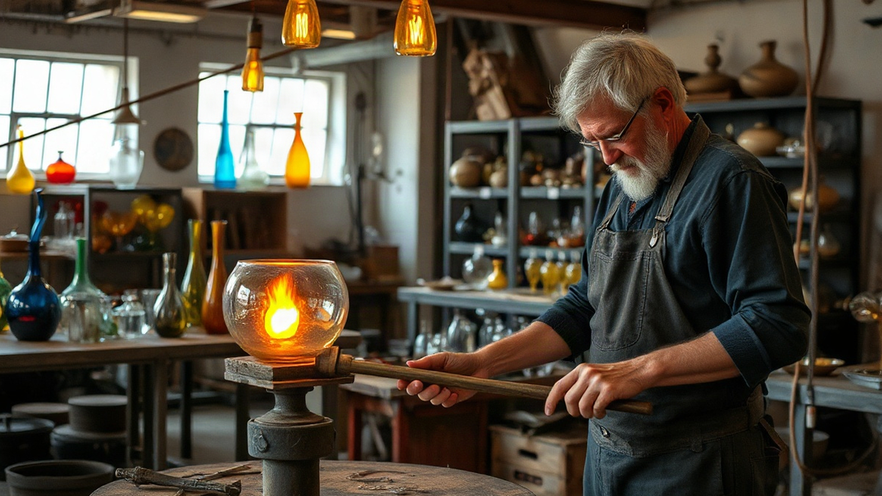 Editorial illustration of an artisan shaping molten glass at Fornace Ferro in Murano, evoking the rich tradition of Venetian glassmaking.