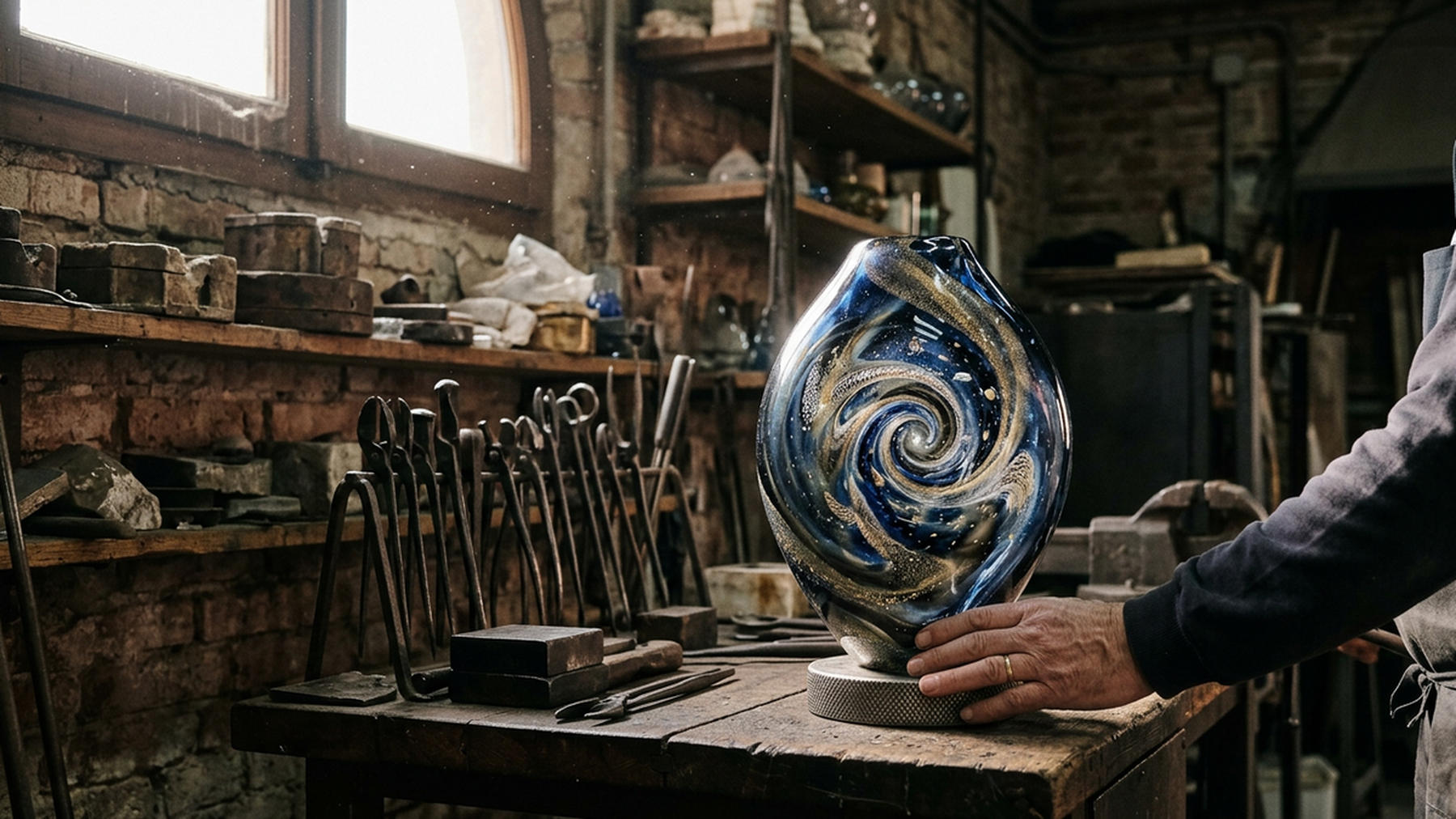 Editorial photograph of a contemporary glass sculpture with celestial patterns on a workbench in a Murano workshop, evoking the 'Glass from the Stars' exhibition.