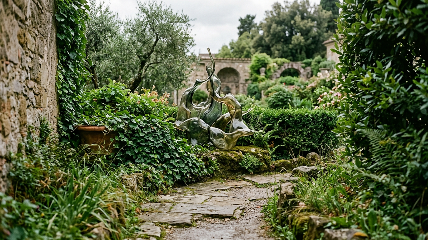Editorial photograph of a contemporary, abstract glass sculpture with a matte finish, nestled among green leaves and soft shadows in a historic garden, evoking a sense of quiet integration.