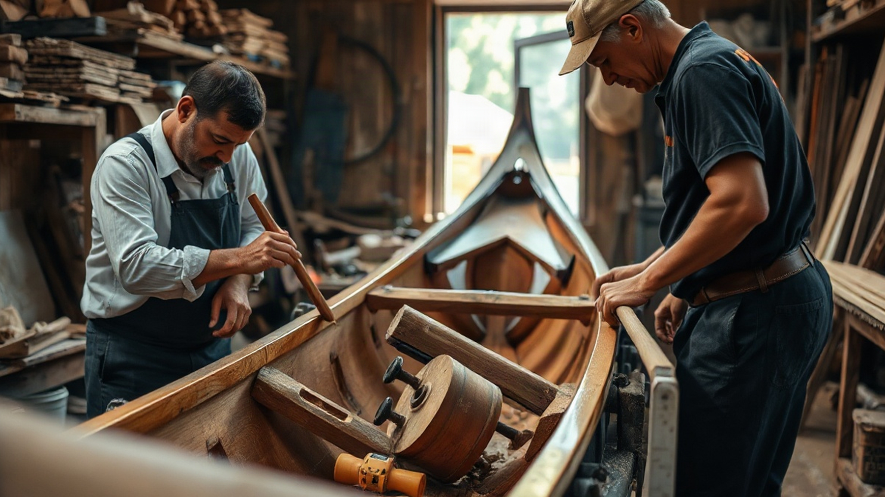 Editorial illustration of artisans shaping wood in a gondola workshop, showcasing the intricate craftsmanship in sustainable gondola-making.