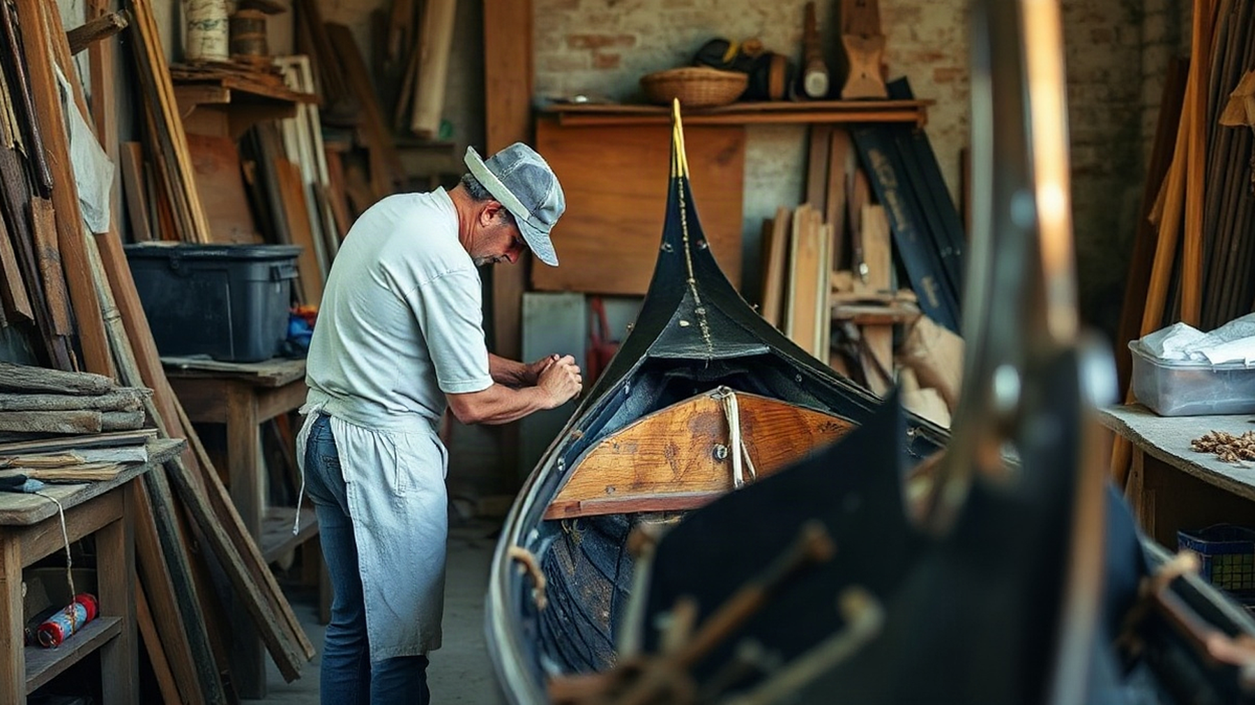 Editorial illustration of an artisan at work in a gondola workshop, emphasizing the skill and tradition involved in restoring Venice's iconic boats.