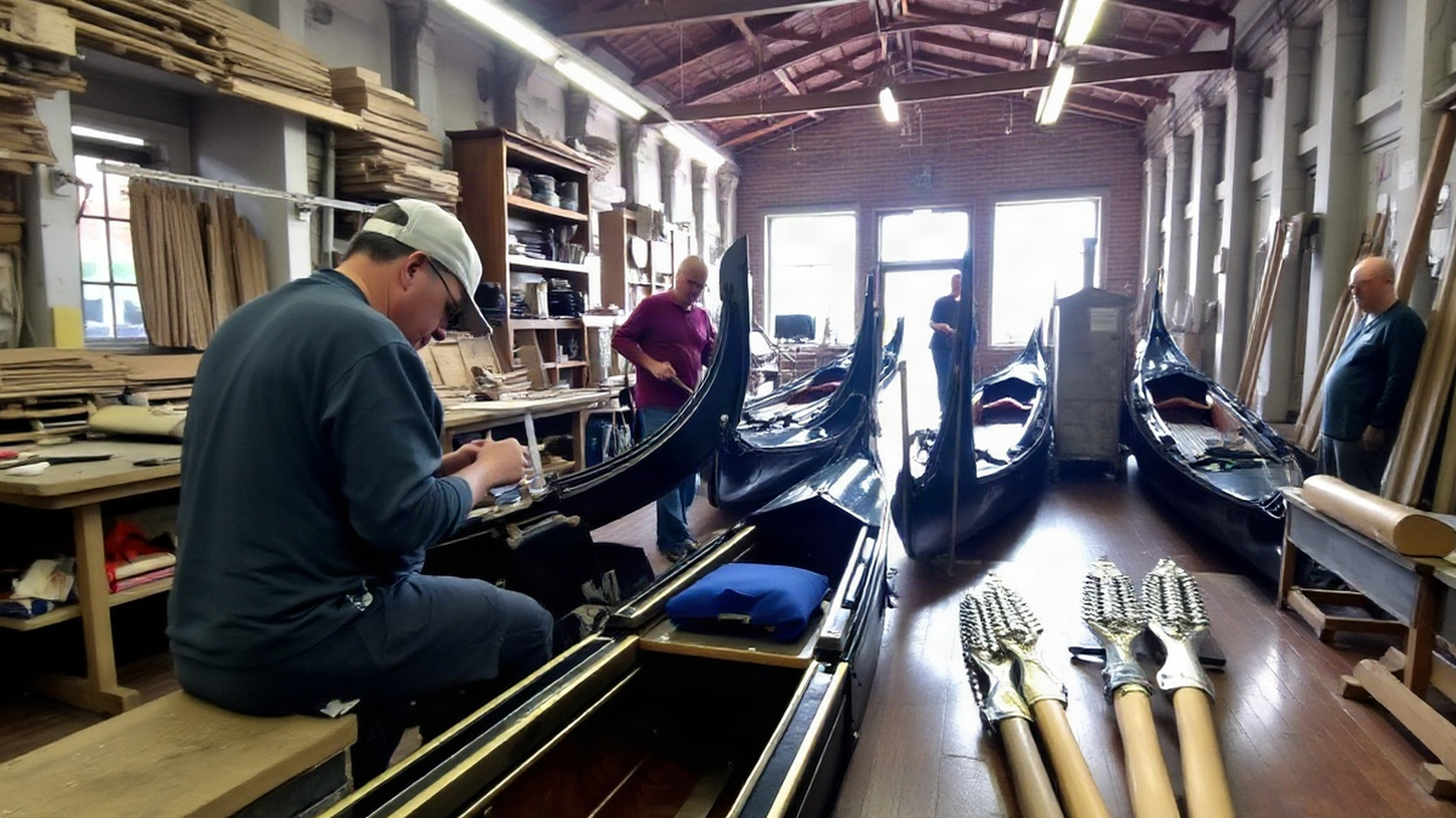 Editorial illustration of artisans at the Squero di San Trovaso, highlighting traditional gondola crafting techniques.