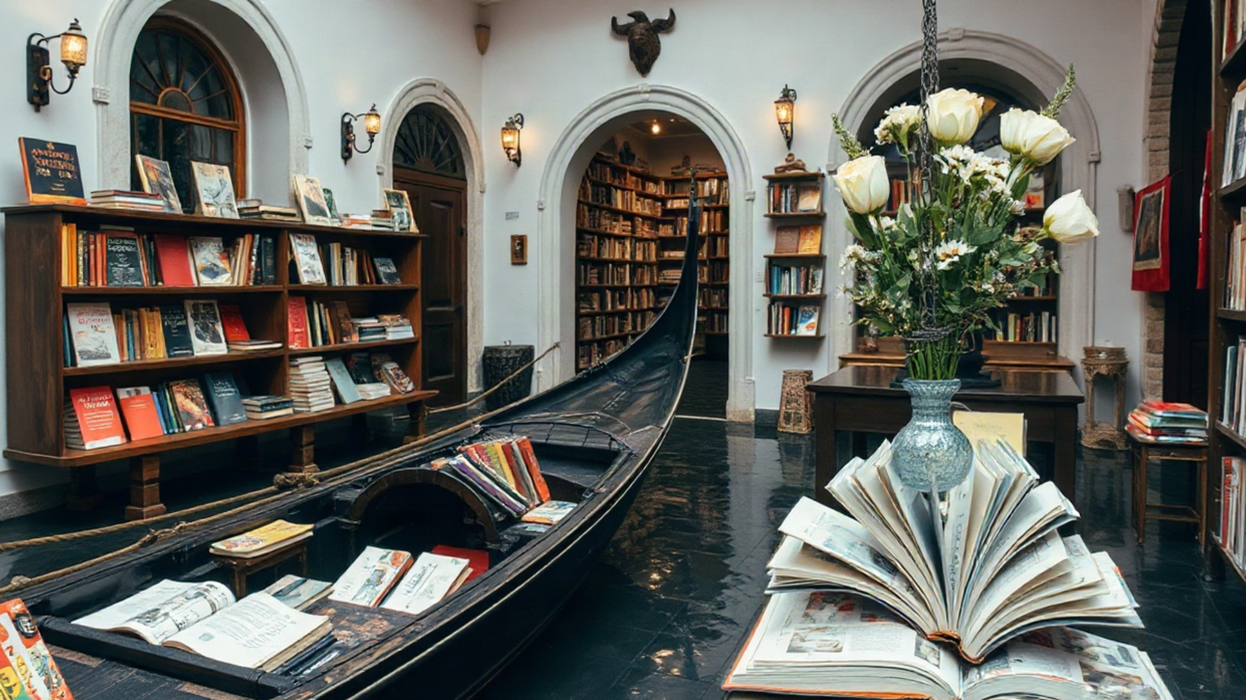 Editorial illustration of Libreria Acqua Alta with gondola book displays and art installations, evoking creativity and sustainability.