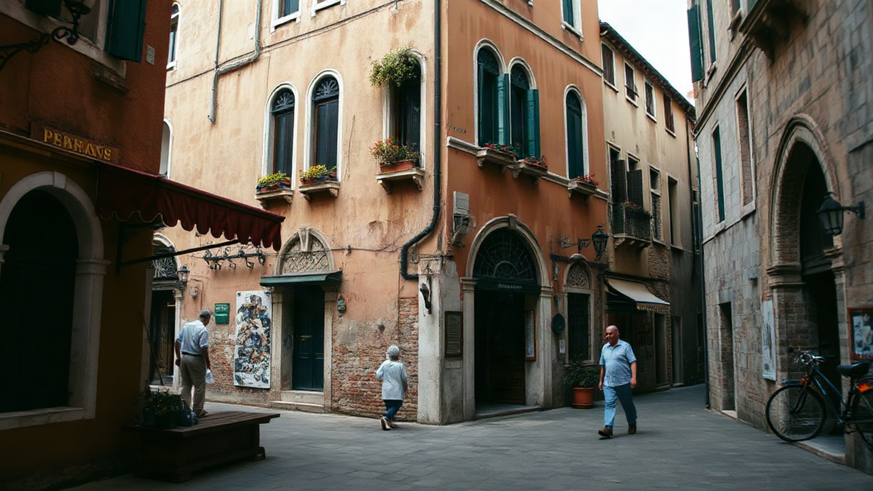 Editorial illustration of a serene Venetian street, evoking everyday local life.