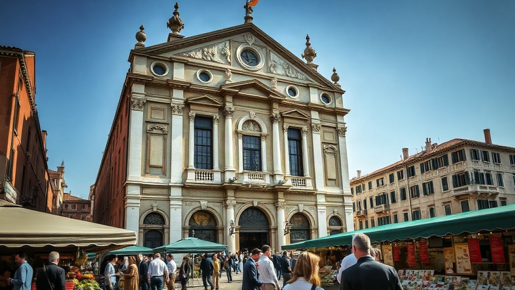 Editorial illustration of San Giacomo di Rialto, highlighting its historical architecture amidst the vibrant activity of the Rialto Market.