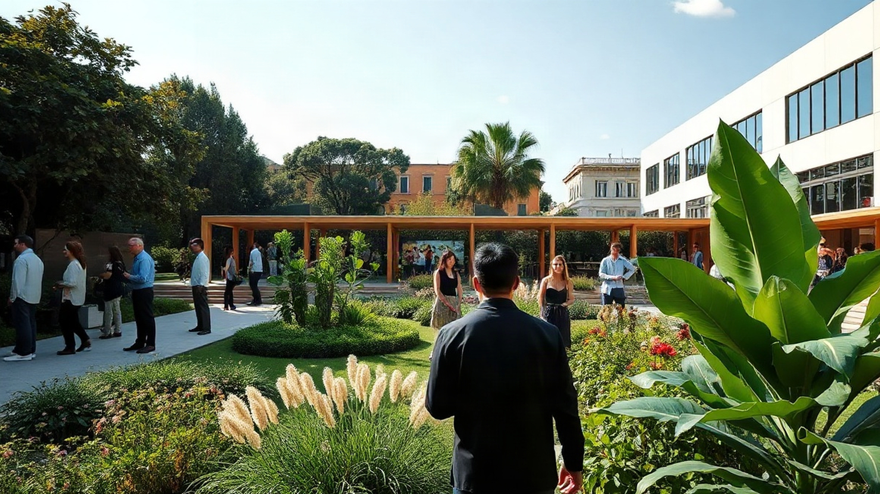 Editorial illustration of the Giardini della Biennale, showcasing a blend of modern architecture and vibrant greenery, evoking a sense of cultural renewal.