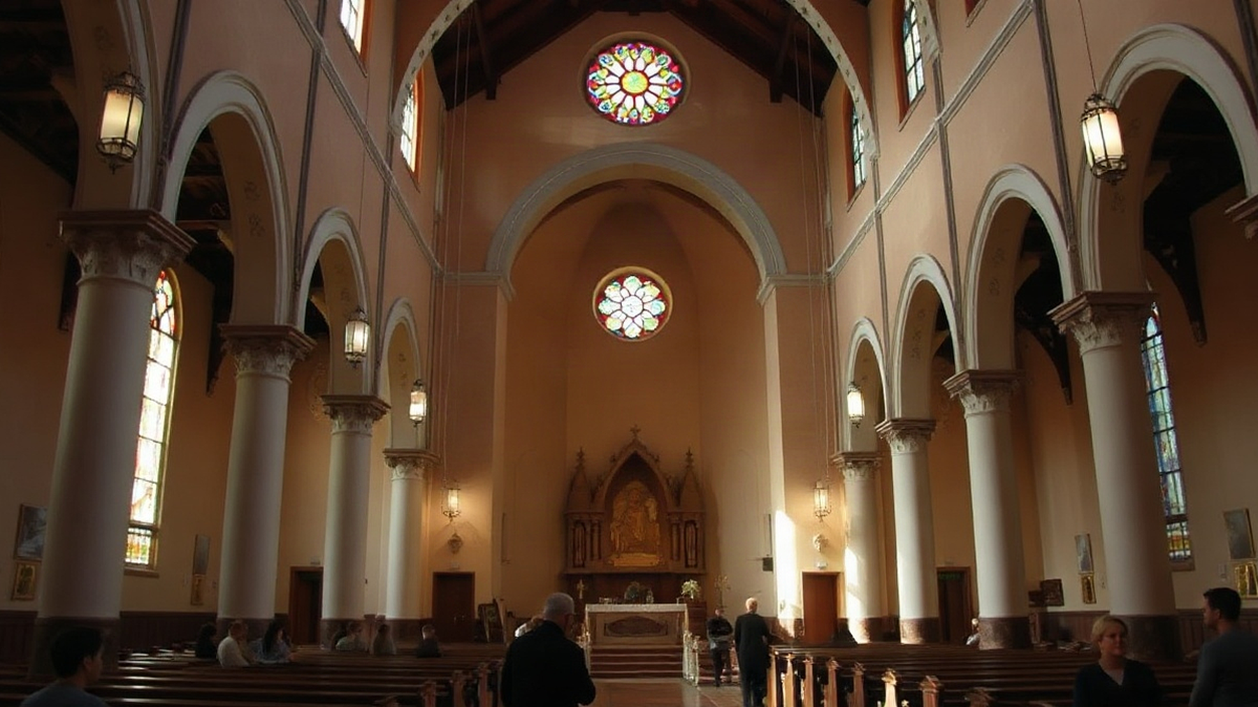Editorial illustration of the interior of the Church of San Lorenzo, emphasizing its restored features and the warm ambiance of the space.
