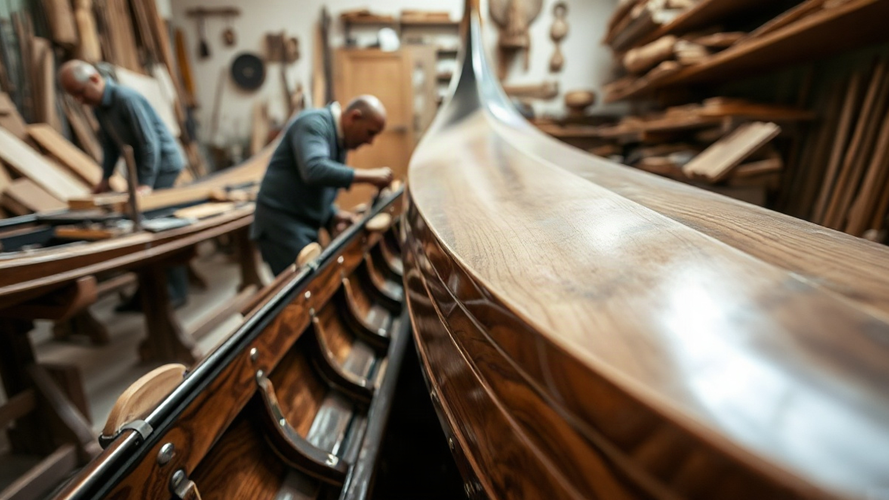 Editorial illustration of artisans crafting a gondola, evoking the rich tradition of Venetian boat building.