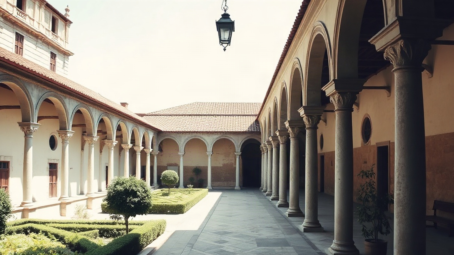 Editorial illustration of the San Giorgio Maggiore Cloister, showcasing its architectural beauty and tranquil gardens.