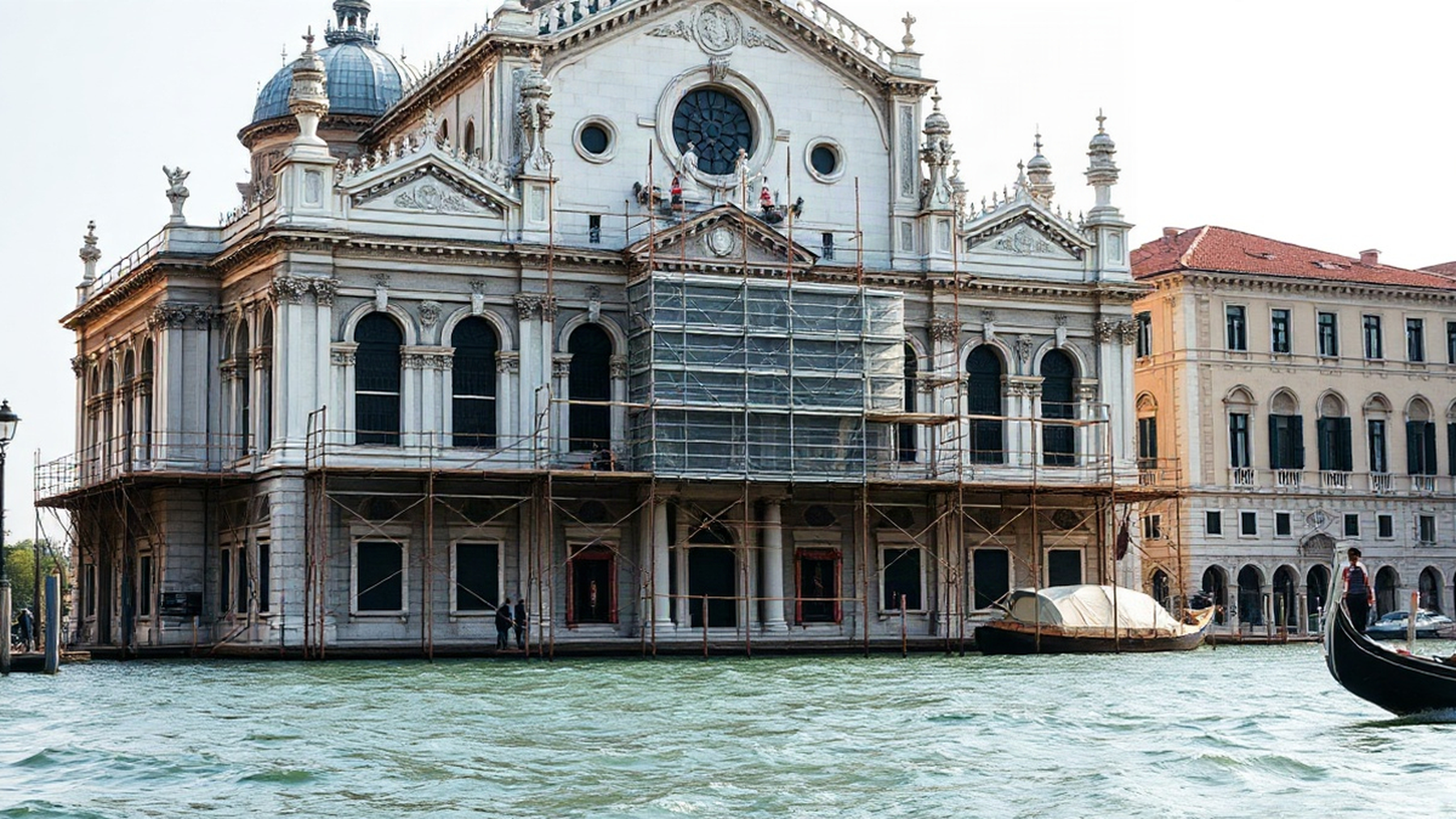 Editorial illustration of Santa Maria della Salute during restoration, highlighting the diligent efforts of artisans amidst serene Venetian waters.