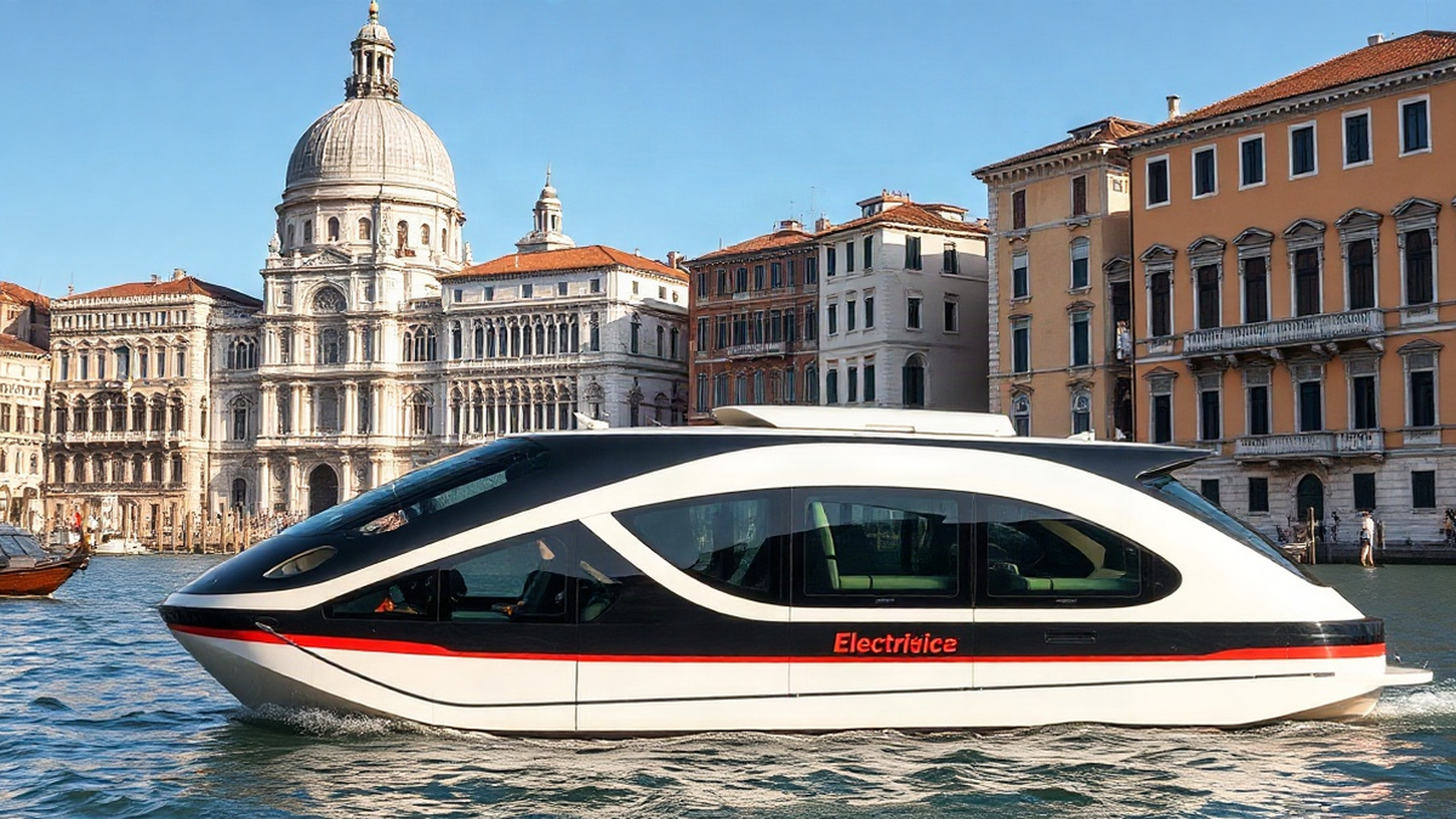 Editorial illustration of an electric water bus in Venice, symbolizing the city's sustainable transport shift.