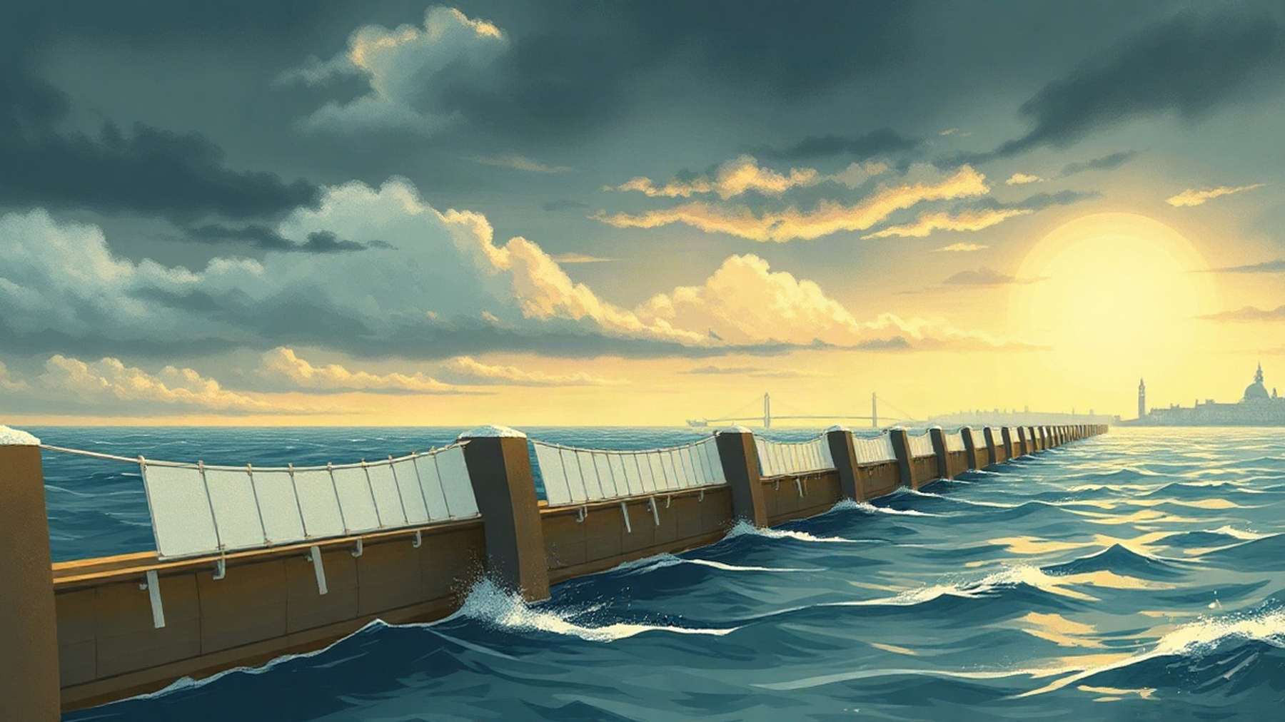 Editorial illustration of MOSE barrier in Venice against stormy backdrop, highlighting engineering scale and resilience
