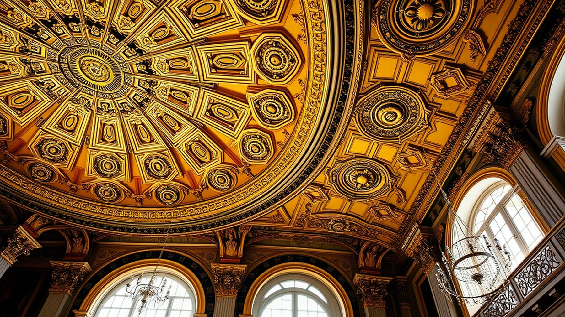 Editorial illustration of the ornate golden ceilings of Teatro La Fenice, symbolizing Venice's artistic dedication.