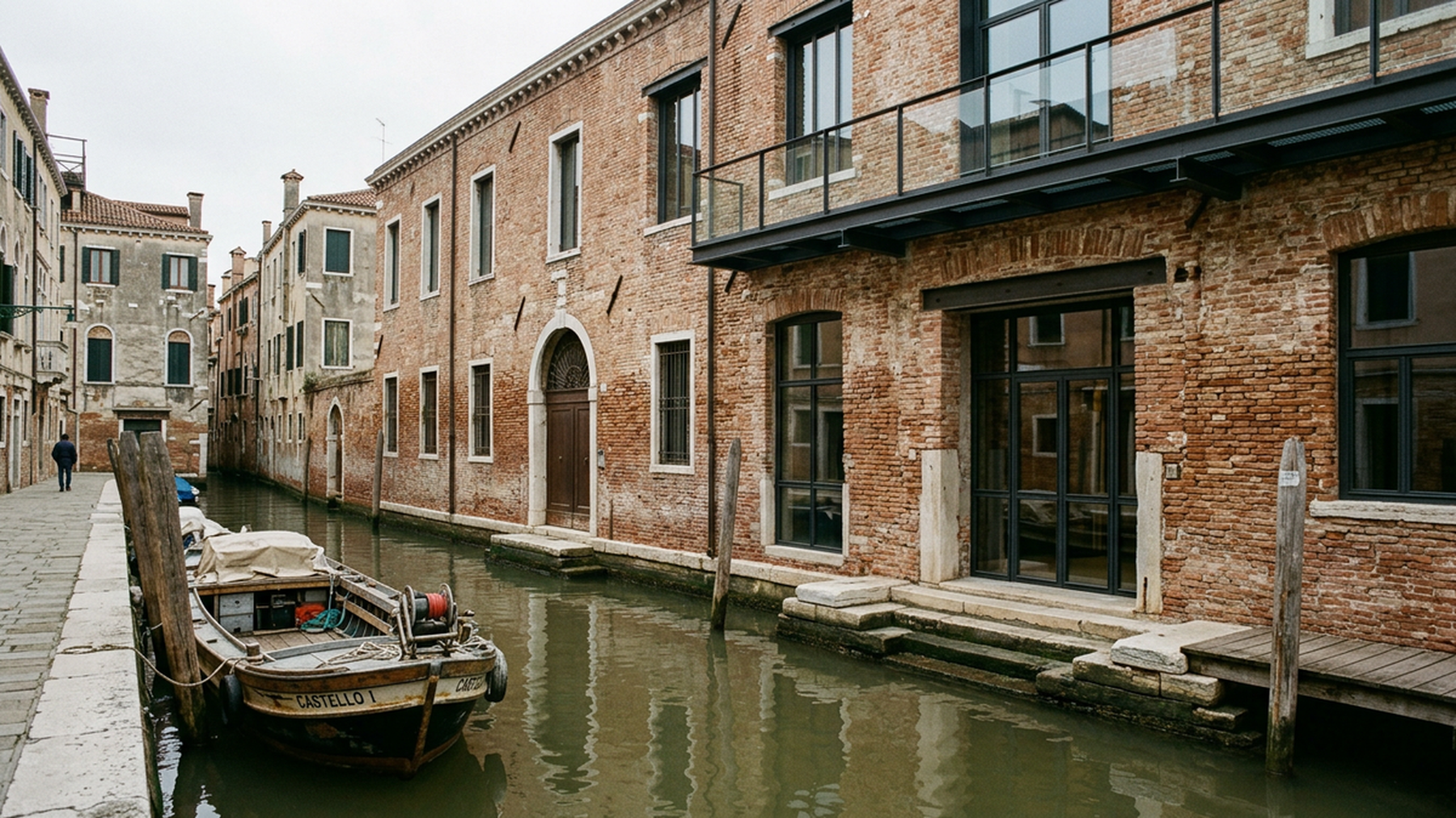 Editorial photograph of a renovated historic building in Castello, Venice, possibly the former Imprese Marittime, reflecting soft light on its brick facade, with a canal and a working boat in the foreground, evoking the integration of new cultural spaces within the city's ancient fabric.