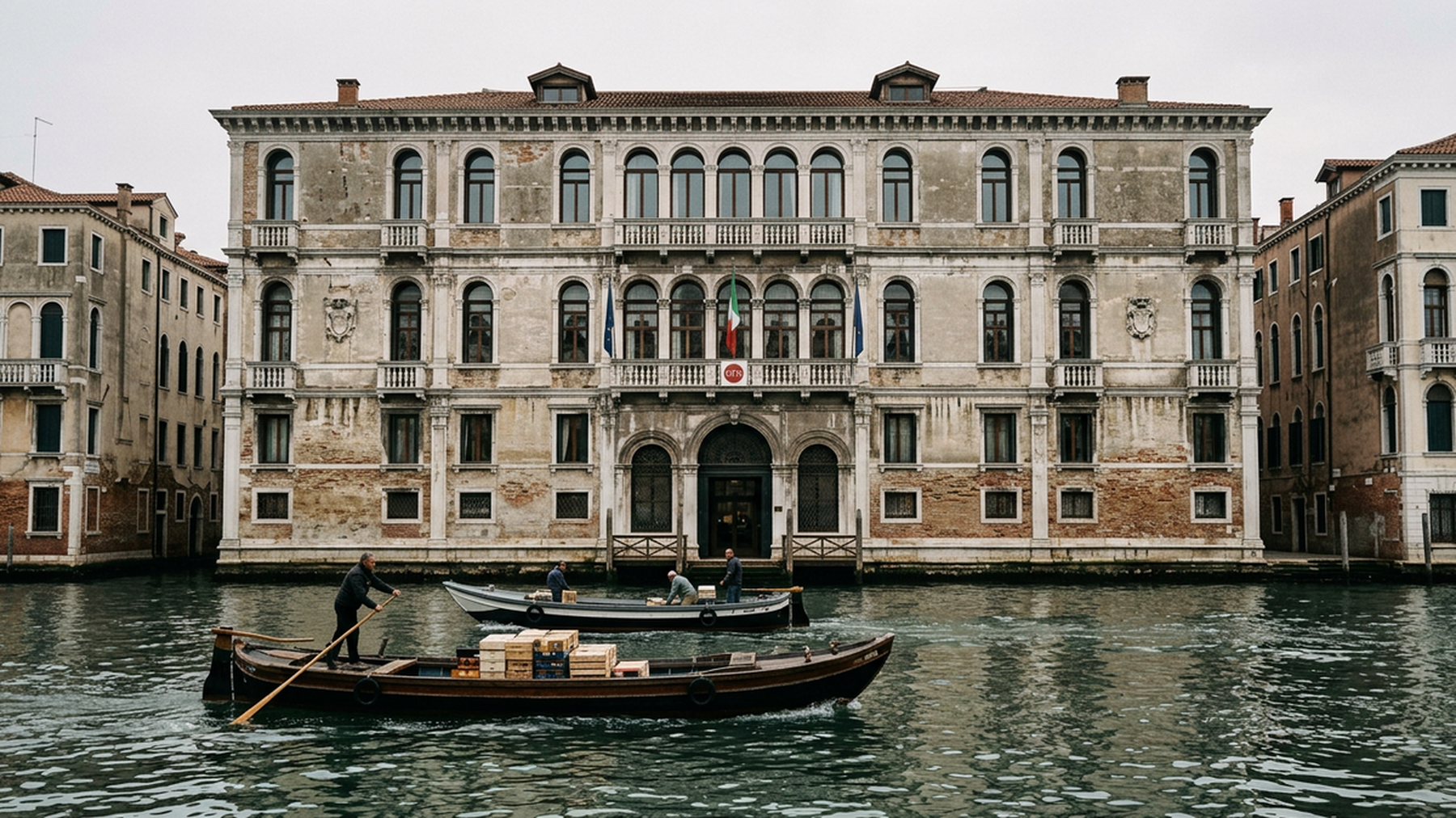 Editorial photograph of the Fondaco dei Tedeschi's Renaissance facade along the Grand Canal, with a muted reflection in the water and a working boat, evoking the building's historic presence and connection to Venetian life.