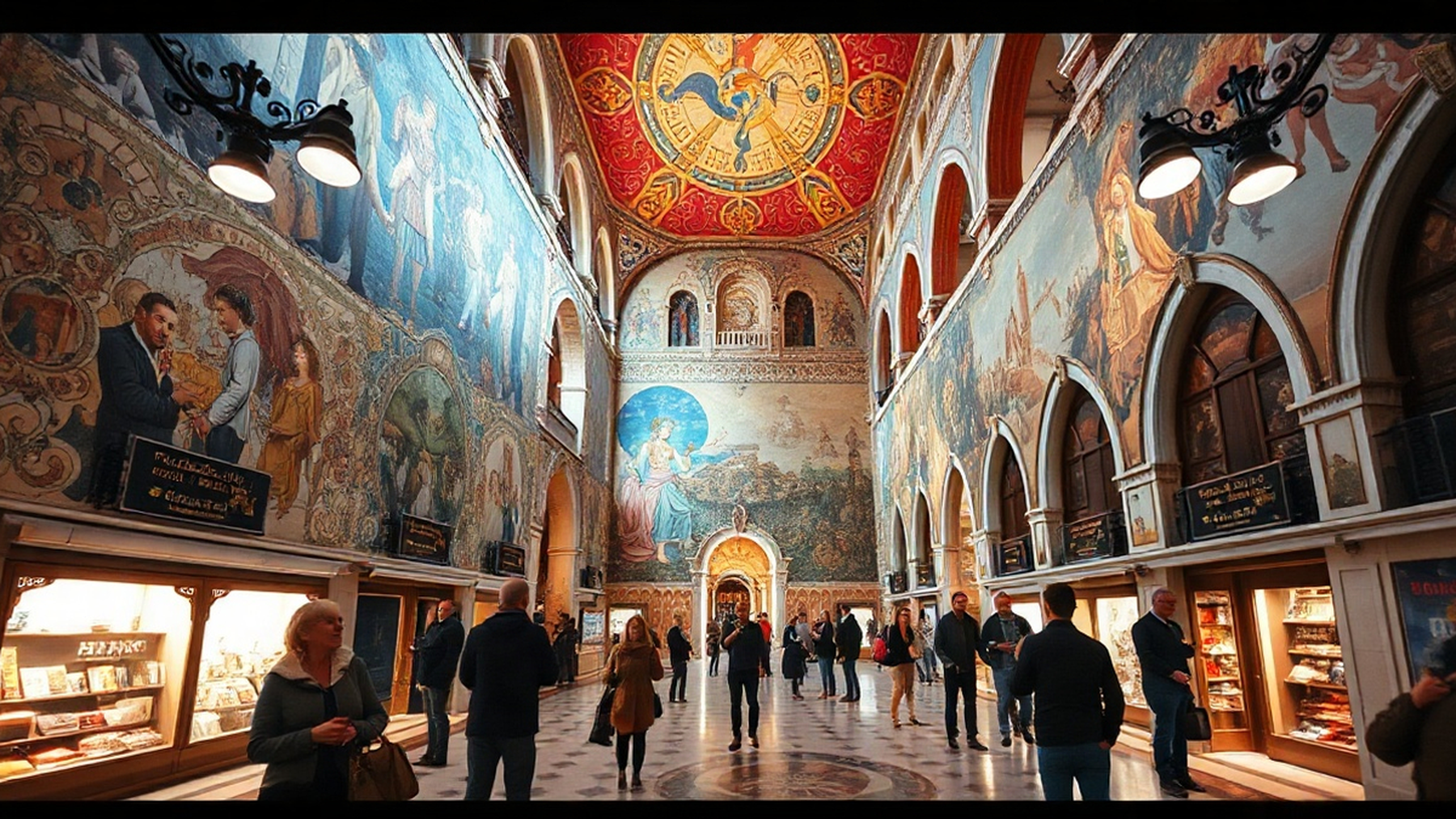 Editorial illustration of the vibrant mosaics of San Marco, showcasing the intricate details of Byzantine art.