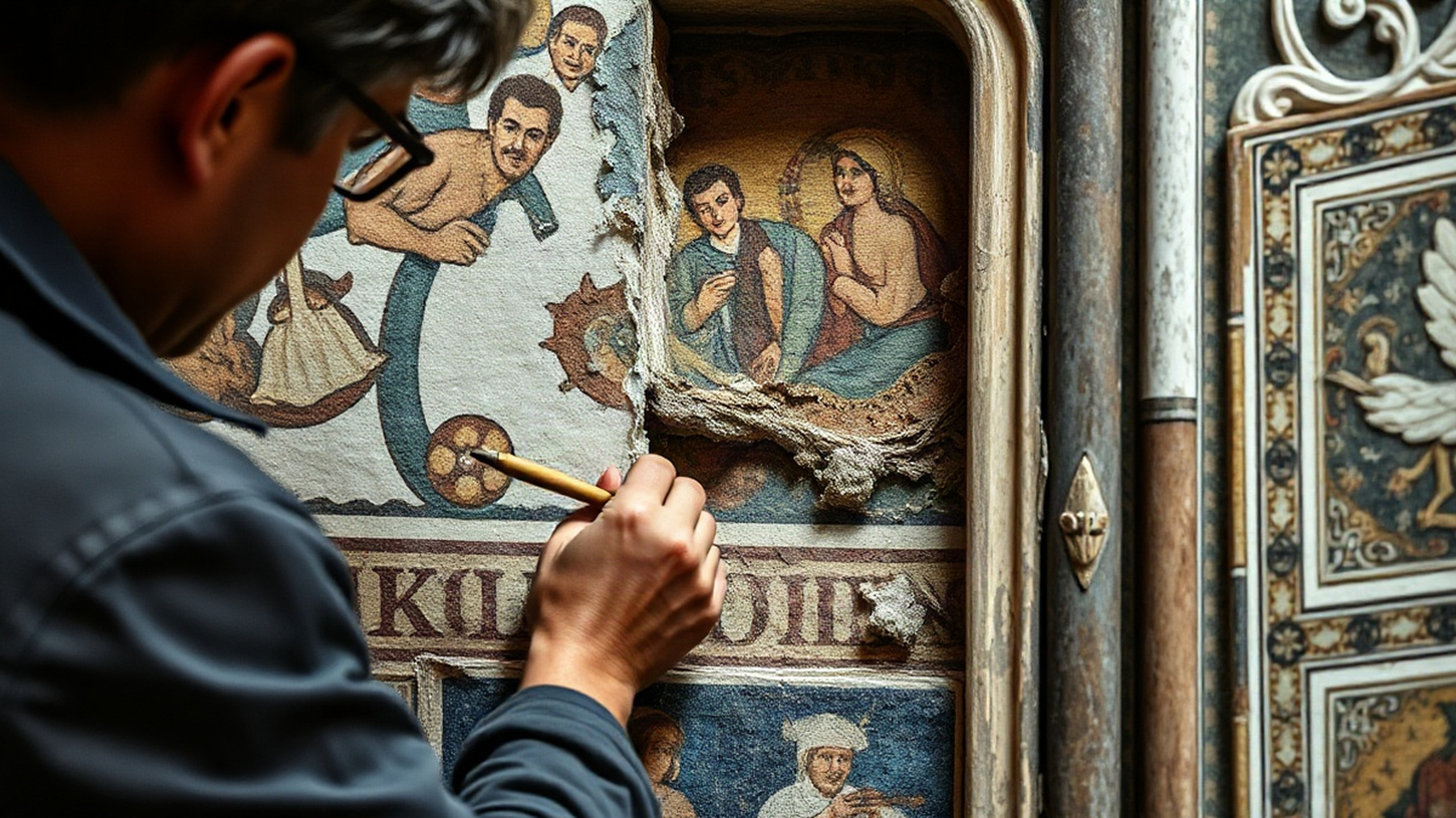 Editorial illustration of artisans restoring the mosaics in the Basilica di San Marco, highlighting the intricate details and vibrant colors.