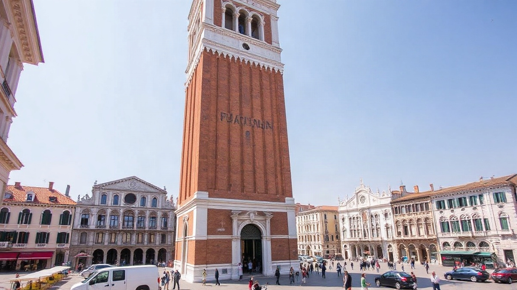 Editorial illustration of the San Marco Bell Tower showcasing its restored architecture against a vibrant Piazza San Marco.