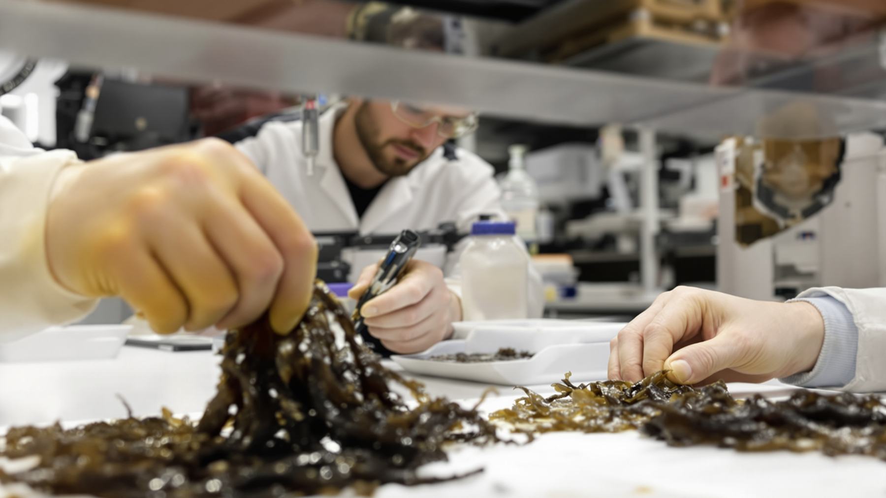 Editorial illustration of researchers studying seaweed for bioplastic production, evoking scientific curiosity and innovation.