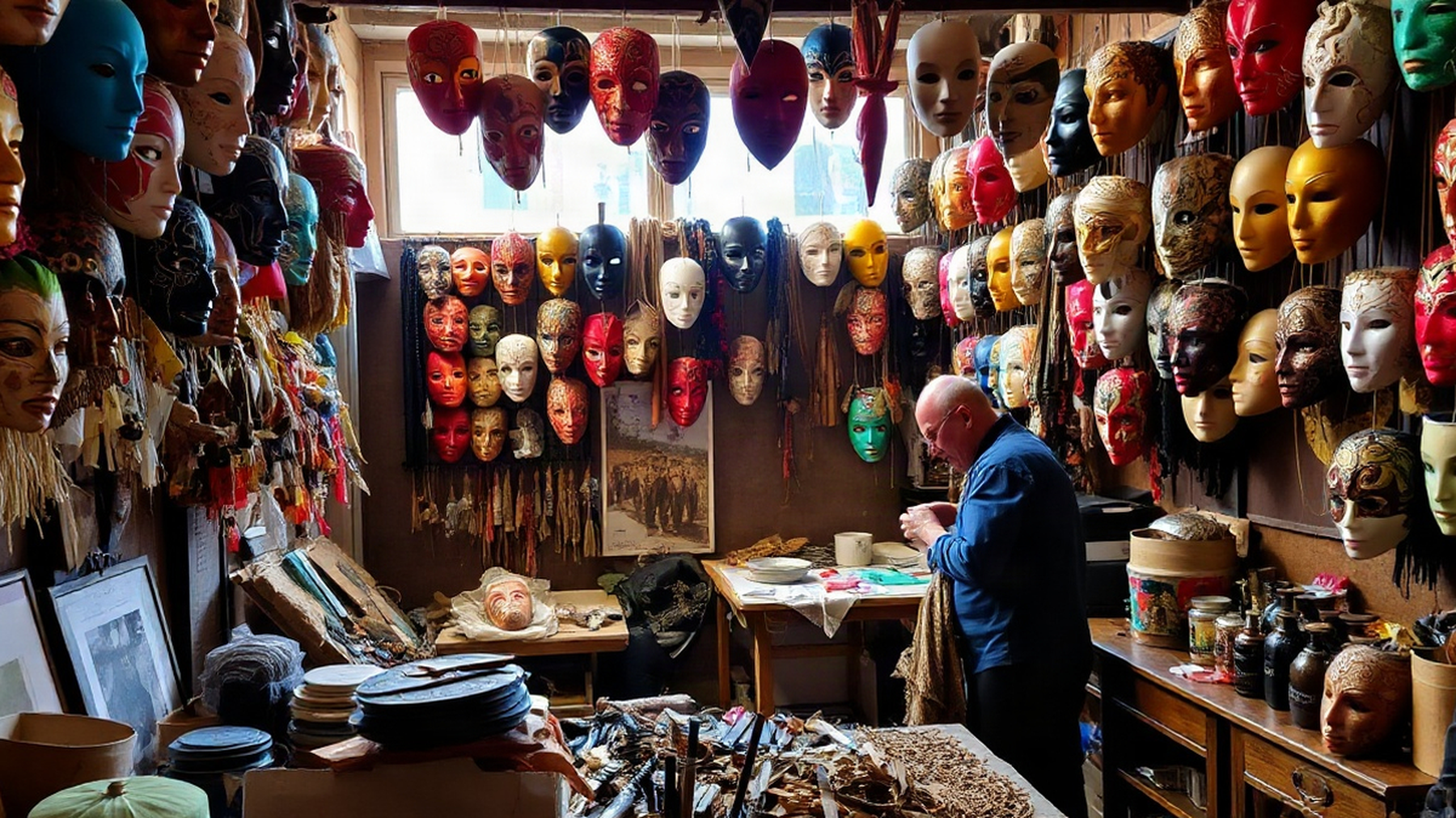 Editorial illustration of artisans in a Venetian workshop crafting masks, evoking the rich artistic heritage of the Venice Carnival.